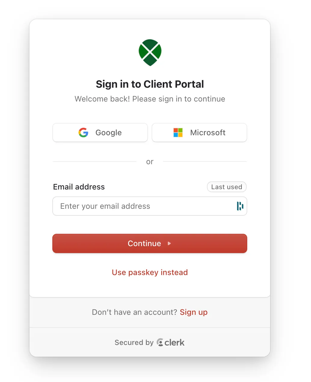 Sign-in screen showing the "Don't have an account? Sign up" link at the bottom of the card